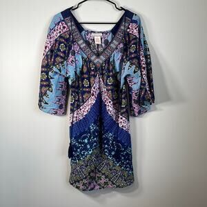 Flying Tomato Abstract Multicolor Print Bell Sleeve V Neck Dress‎ Size S